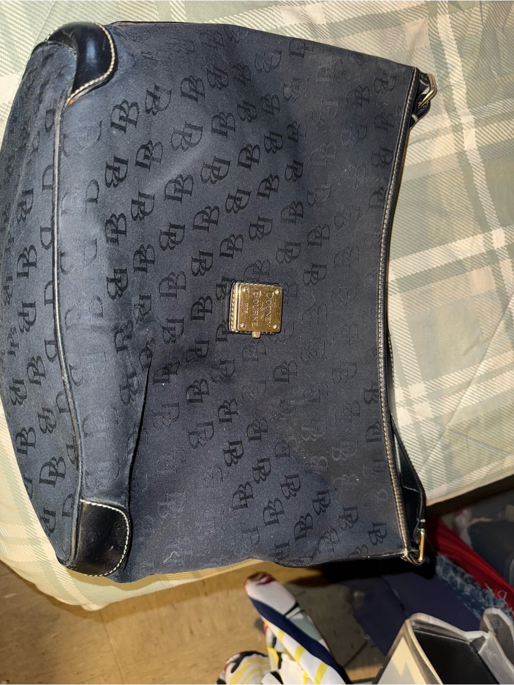 Dooney & Bourke Black Monogram Crossbody Bag with Gold Plaque